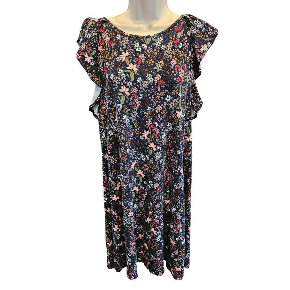 Ann Taylor Black Pink Floral Flutter Sleeveless Shift Dress M cottagecore comfy